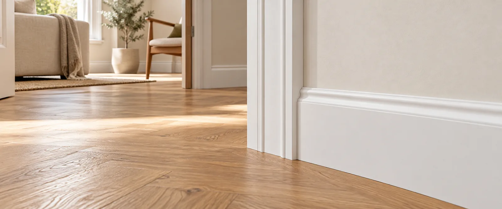 Interior concept with white skirting and door architraves, oak flooring and warm daylight