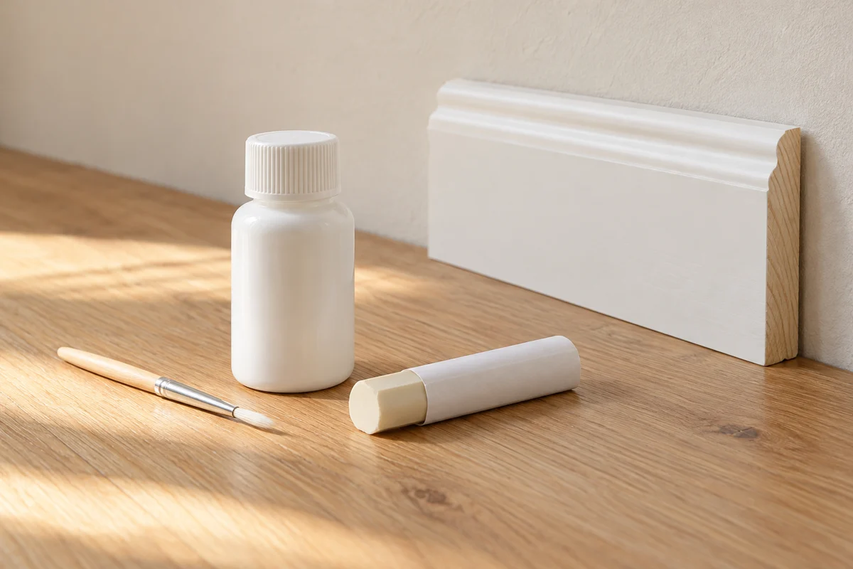 Illustrative touch-up paint and repair wax beside a finished moulding